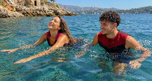 Une femme et un homme d'une trentaine d'années en train de nager en souriant avec le maillot de bain flottant Safety Concept by Plouf