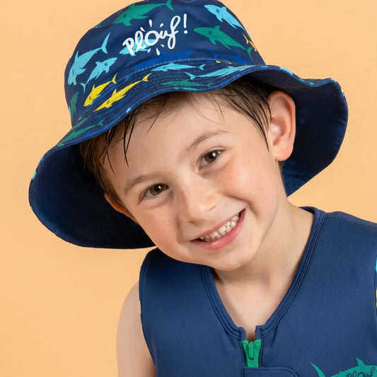 Bob réversible anti-UV pour enfant : Mégalodon Plouf