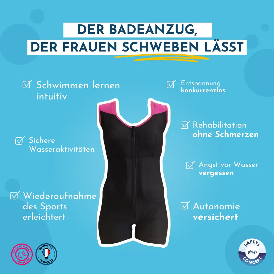 Schöner Schwimmanzug für Frauen, der den Körper im Wasser unterstützt, um Schwimmen zu lernen - Safety Concept by Plouf DE